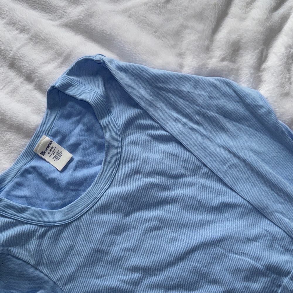 Blue Ribbed Long Sleeve Top XL Fitted Stretch Basic Layering Tee - Picture 7 of 9